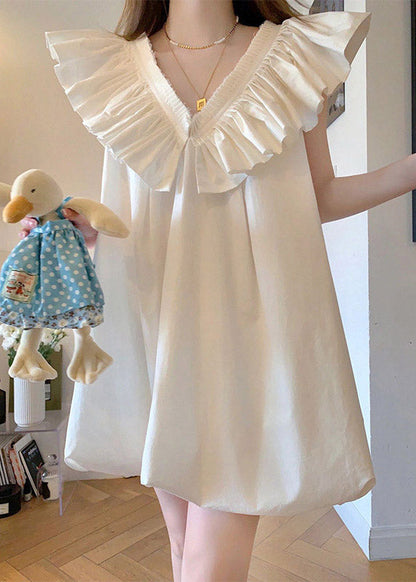 White V Neck Ruffled Mid Dress Short Sleeve