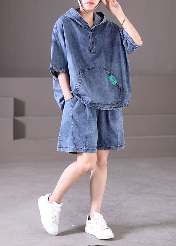 Denim Blue Cotton Tops and Shorts Two Piece Set Outfits Hooded Drawstring Summer