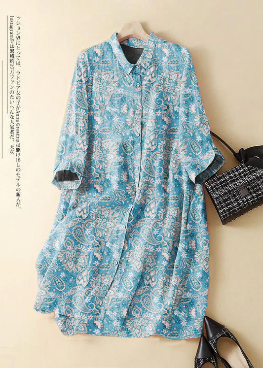 Blue Cashew Nuts Embroidered Patchwork Linen Shirt Dress Summer