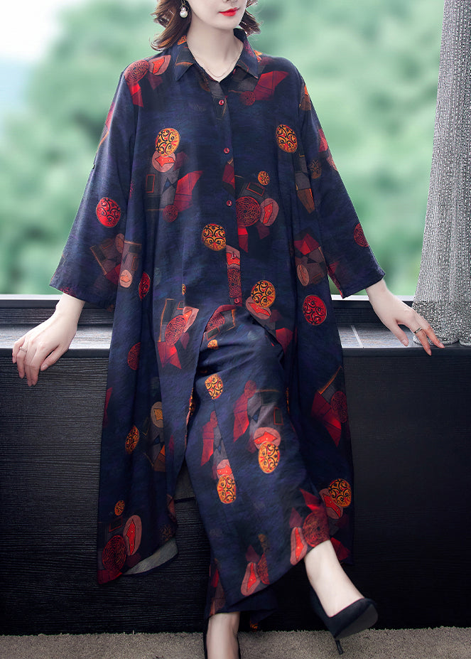 French Black Asymmetrical Print Chiffon Shirt and Wide Leg Pants Two Pieces Set Summer