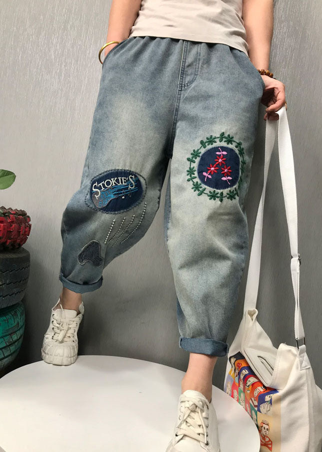 Blue Embroideried Denim Pants Spring