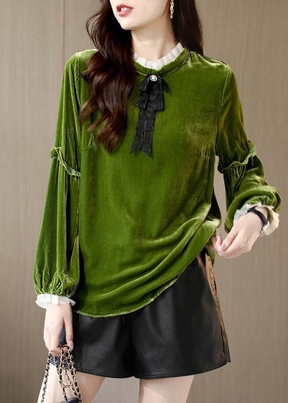 Green Ruffled Patchwork Velour Shirt Top Spring