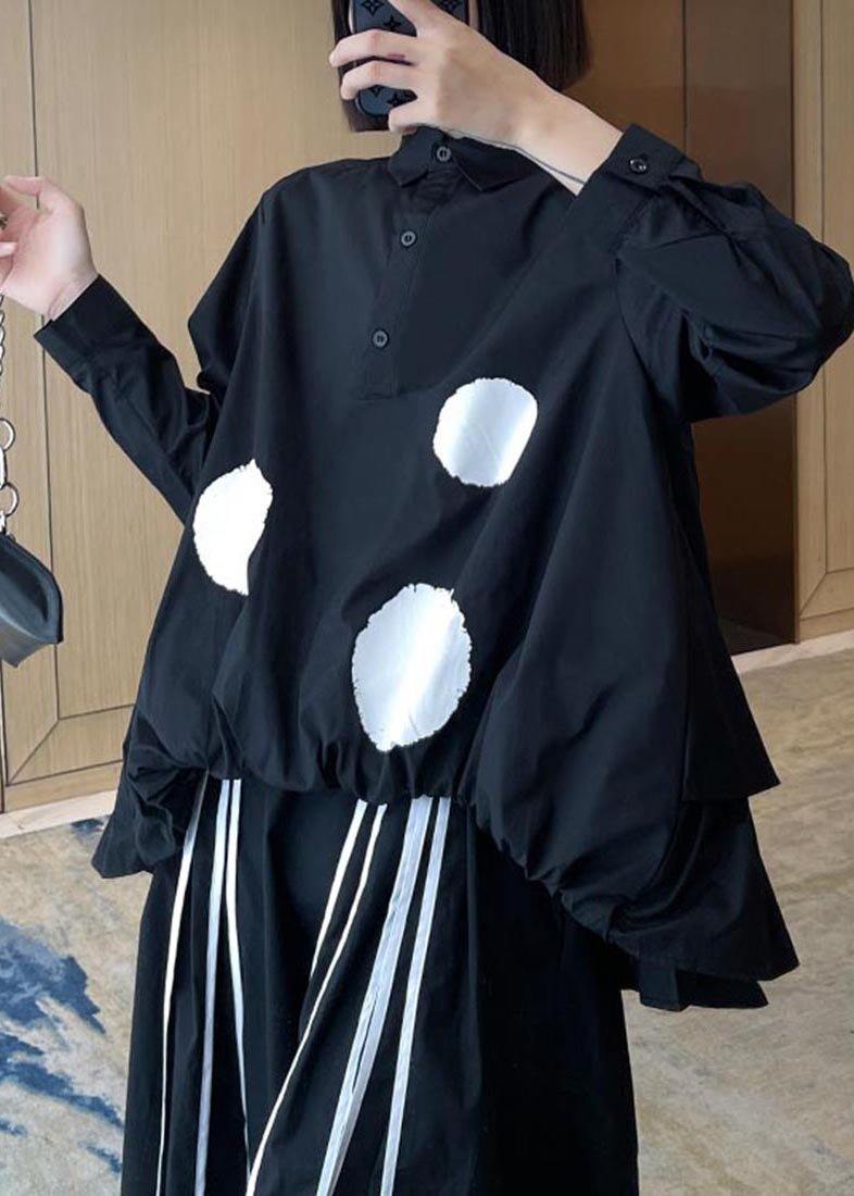 Organic Black Dot Cinched Low High Design Cotton Shirt Tops
