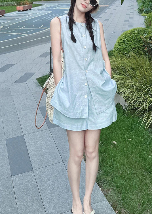 French Blue Tops and Shorts Linen Two Piece Set Summer
