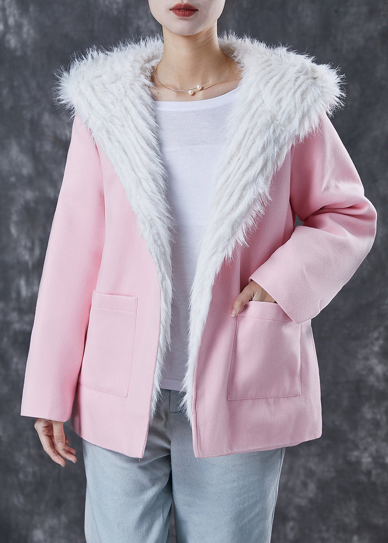 Pink Hooded Pockets Fuzzy Fox Lined Woolen Coat Winter