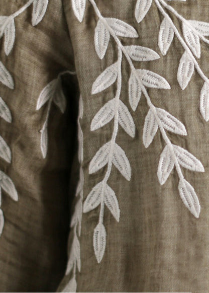 Chocolate Green O-neck Leaf Embroideried Side Open Linen Two Pieces Set Summer