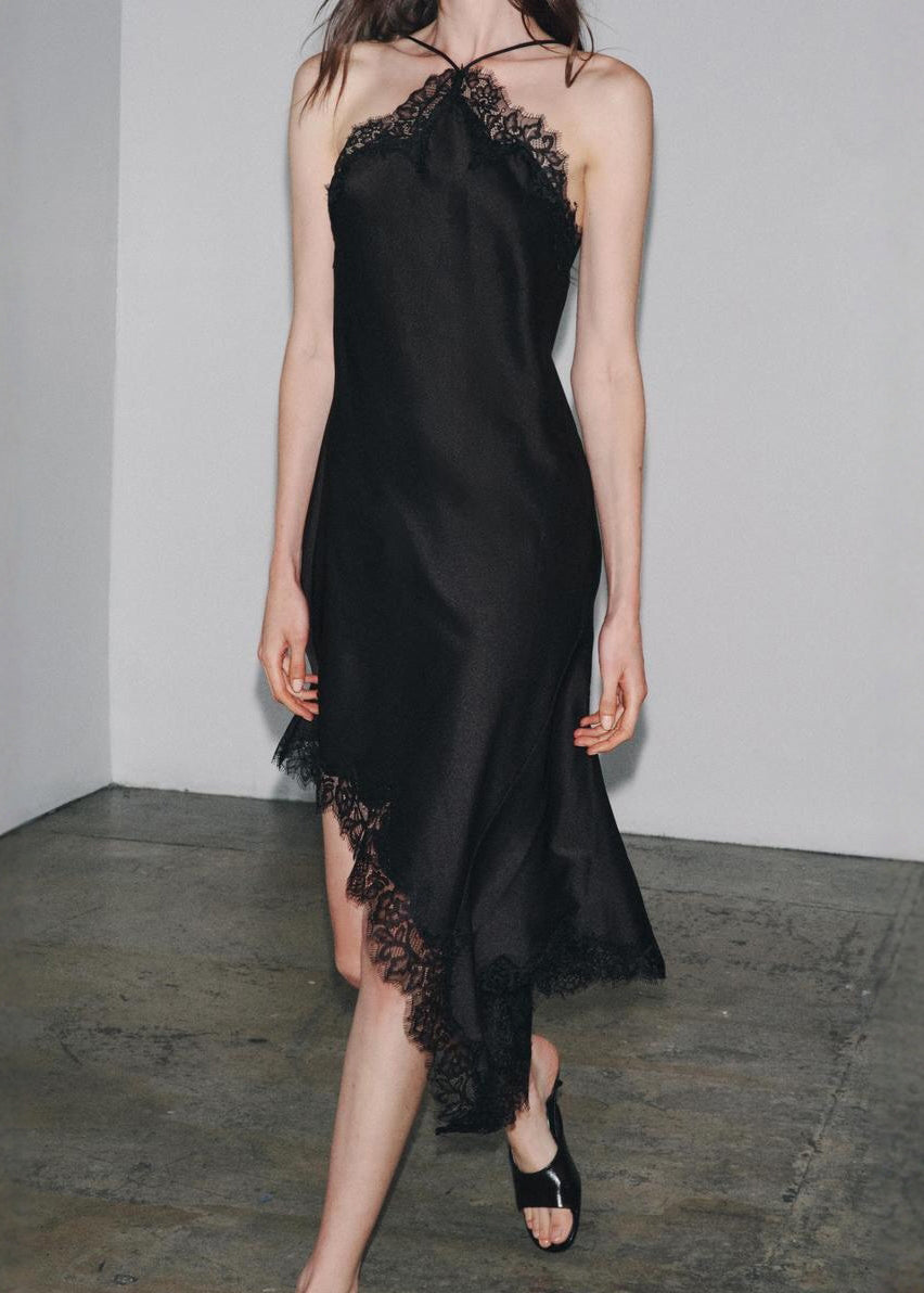 Black Asymmetrical Lace Patchwork Silk Dresses Sleeveless Summer