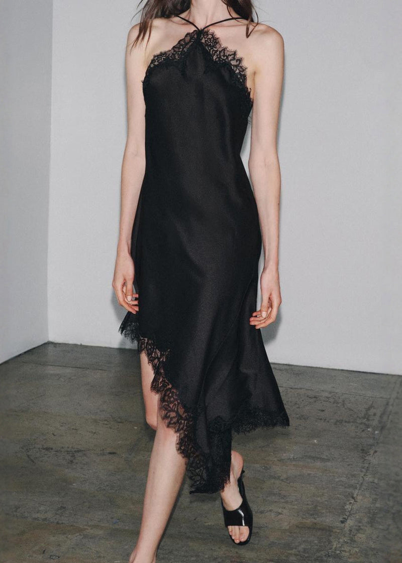 Black Asymmetrical Lace Patchwork Silk Dresses Sleeveless Summer