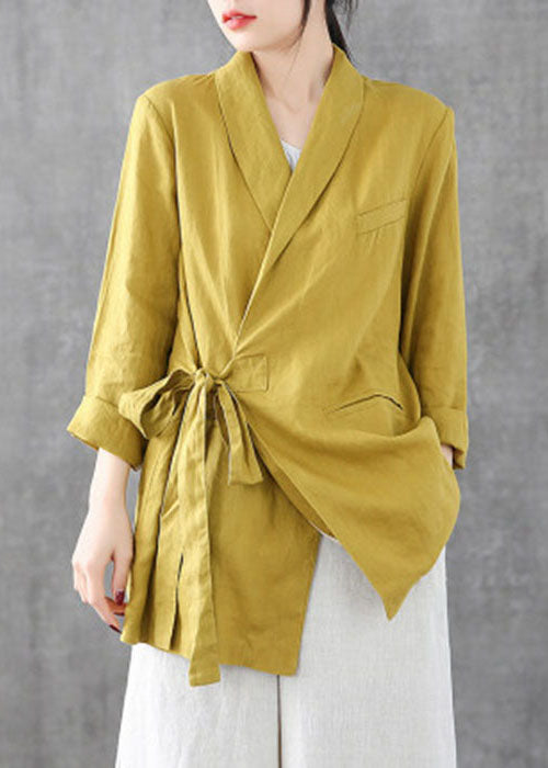 Yellow Linen Coats Notched Collar Tie Waist Long Sleeve
