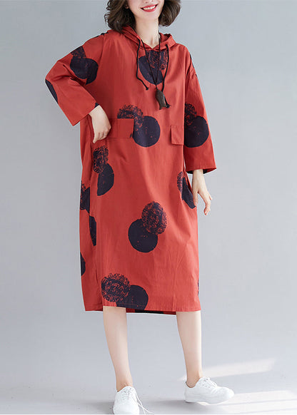 Red Hooded Print Cotton Loose Sweatshirt Dress Fall