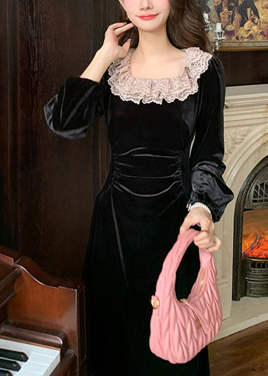 French Black Square Collar Lace Slim Fit Velour Dresses Spring