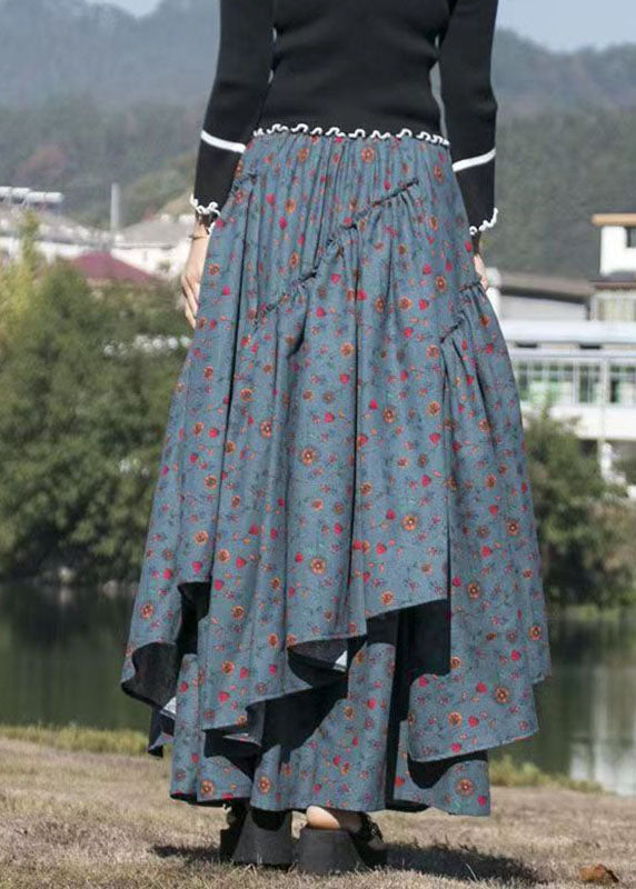 French Dark Grey Tie Waist Print Wrinkled a Line Skirts Fall