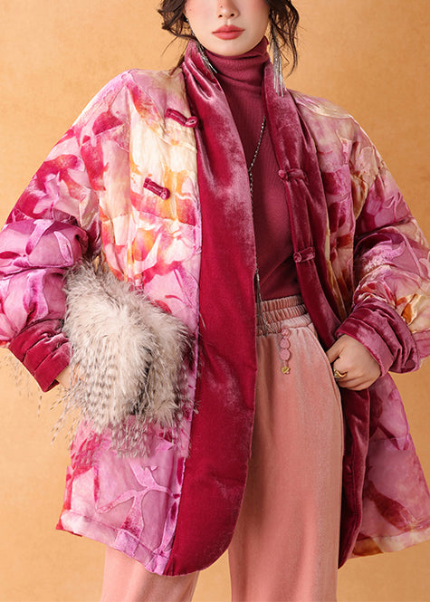 Pink Cinched Print Duck Down Silk Velour Coat Winter