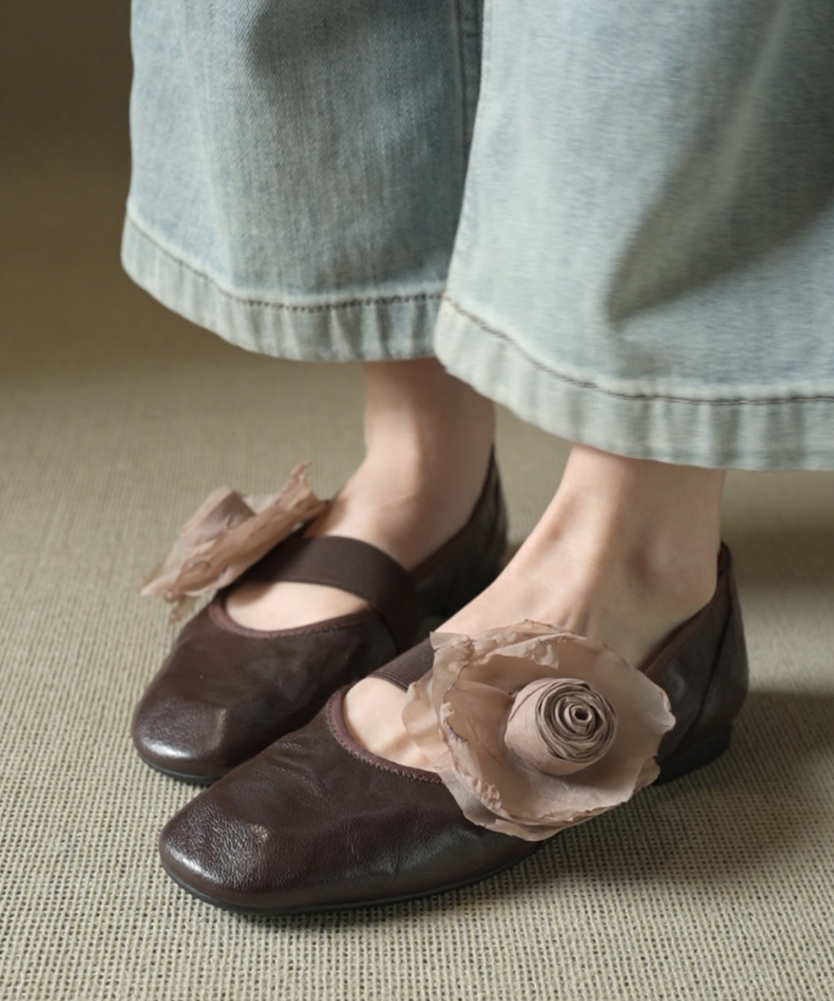 Splicing Flats Brown Cowhide Leather