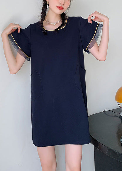 Simple Navy O-neck Patchwork Mid Dress Short Sleeve