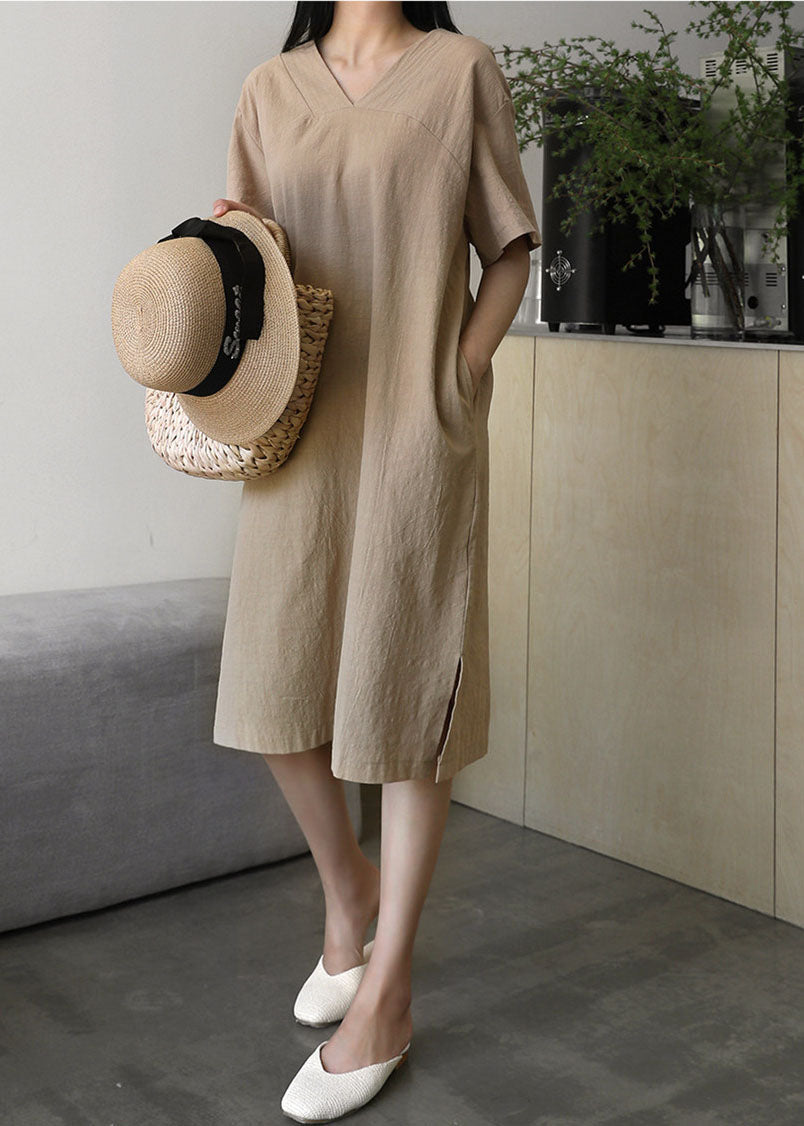 V Neck Patchwork Side Open Linen Mid Dresses Summer