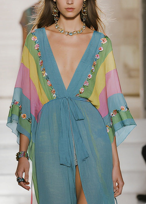 Blue Print Side Open Chiffon Long Dress Summer