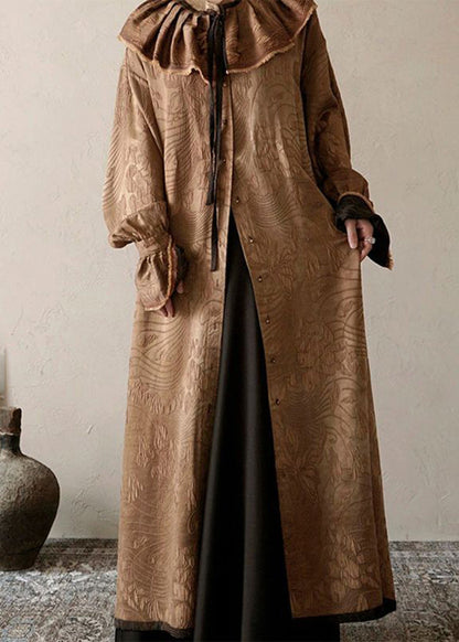 Loose Brown Sailor Collar Print Wear on Both Sides Long Trench Coats Lantern Sleeve