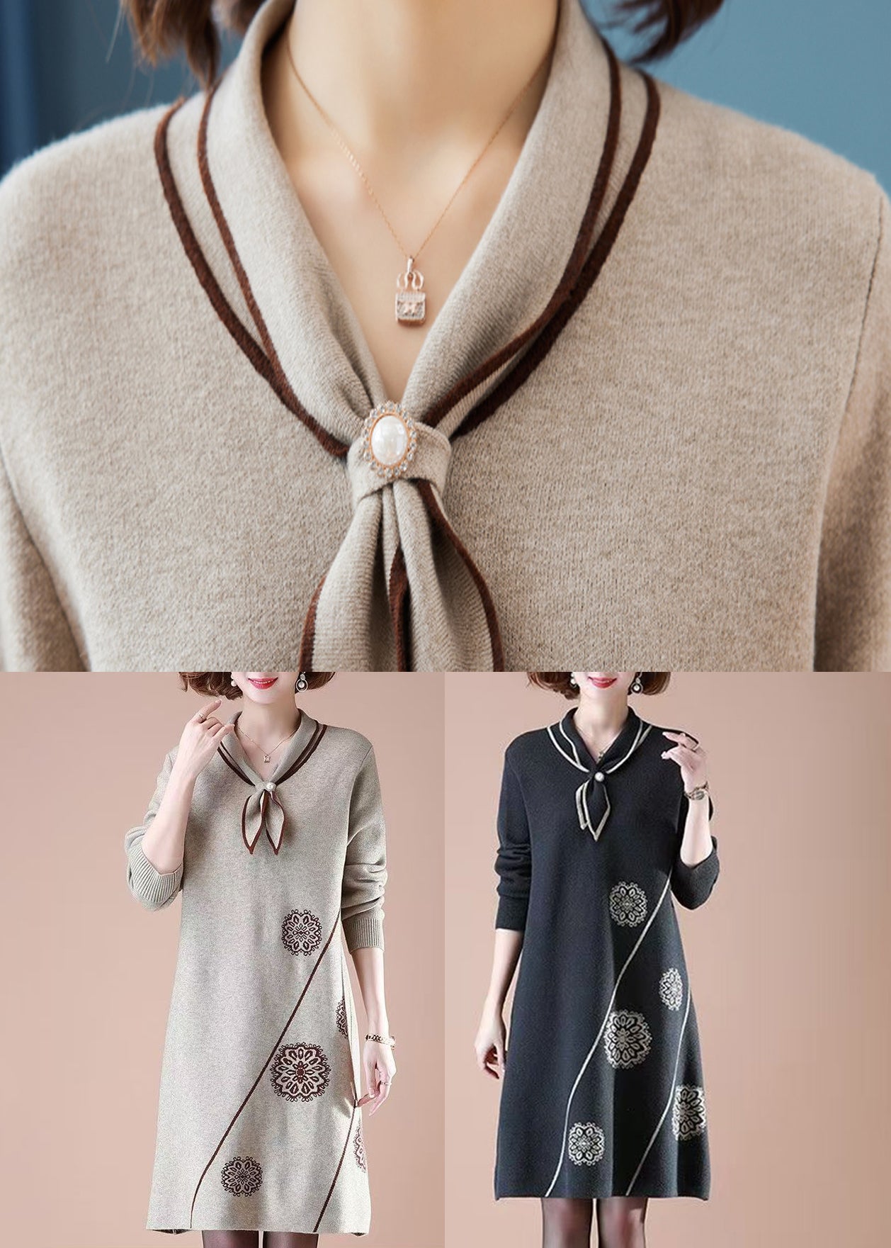 Black Bow Print Cotton Knit Maxi Sweater Dress Long Sleeve
