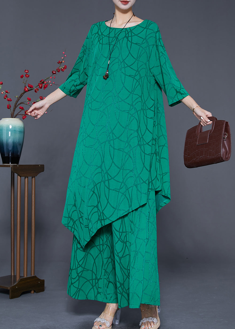 Green Asymmetrical Design Silk Two Pieces Set Summer