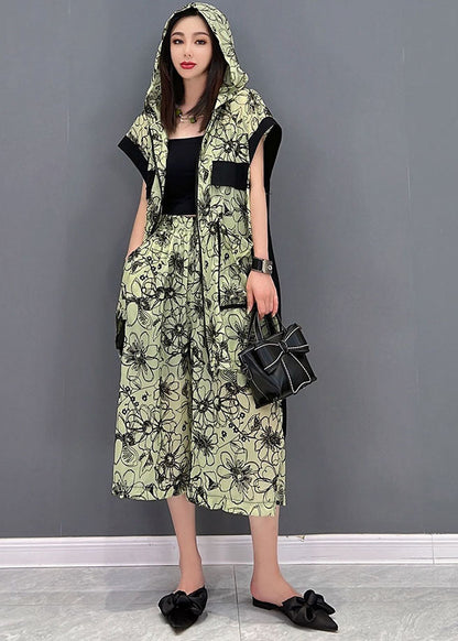 Green Hooded Patchwork Print Low High Design Chiffon Two Pieces Set Summer