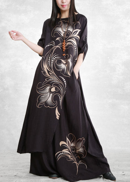 Black Asymmetrical Pockets Print Tops and Wide Leg Pants Two Pieces Set Spring