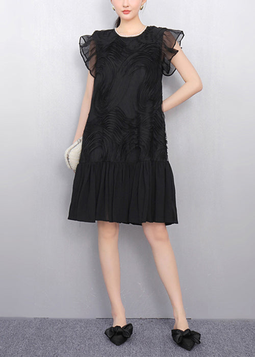 Black O Neck Wrinkled Tulle Patchwork Chiffon Dress Summer