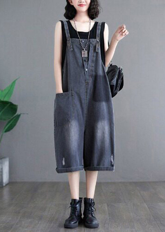 Black High Waist Denim Jumpsuit Sleeveless