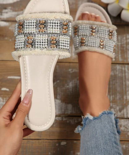 Nail Bead Splicing White Faux Leather Slide Sandals