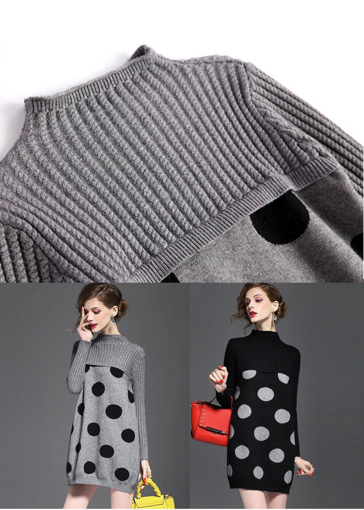 Diy Grey Turtle Neck Dot Print Long Knit Dress Long Sleeve