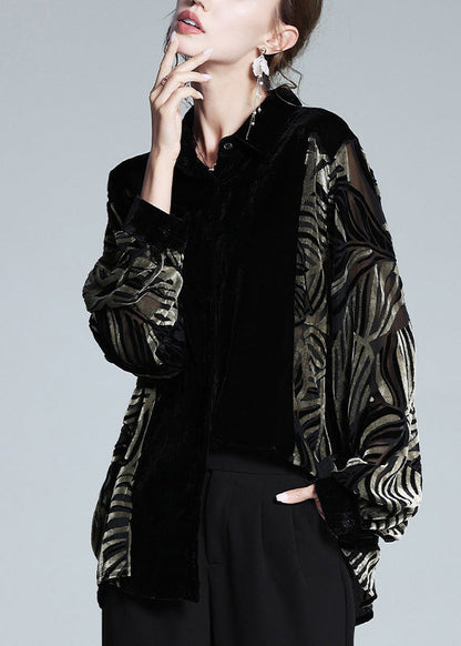 Black Peter Pan Collar Print Patchwork Button Silk Velour Shirt Long Sleeve