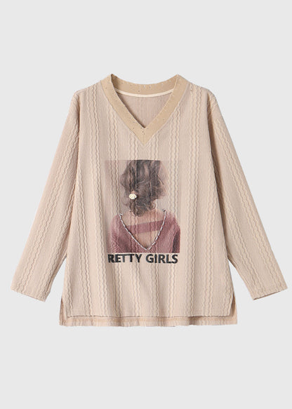 Apricot Print Patchwork Low High Design Tops Long Sleeve