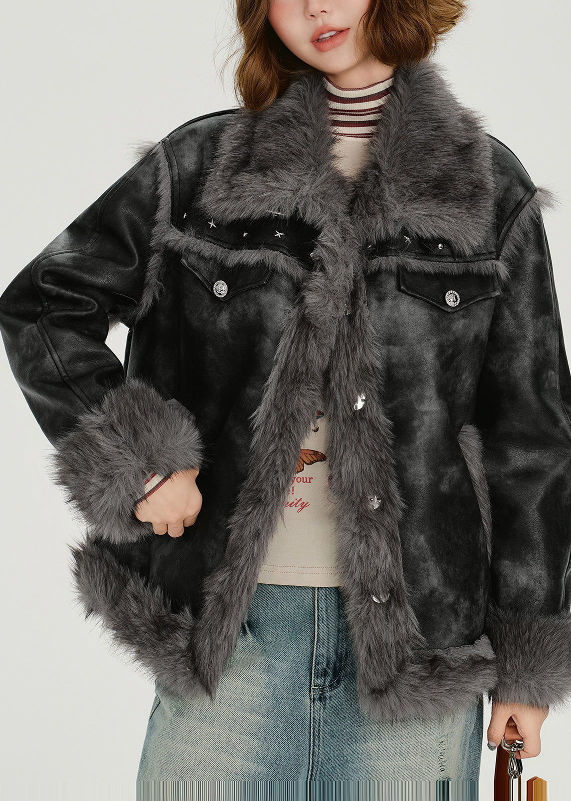 Grey Oversized Tie Dye Faux Leather Jackets Winter