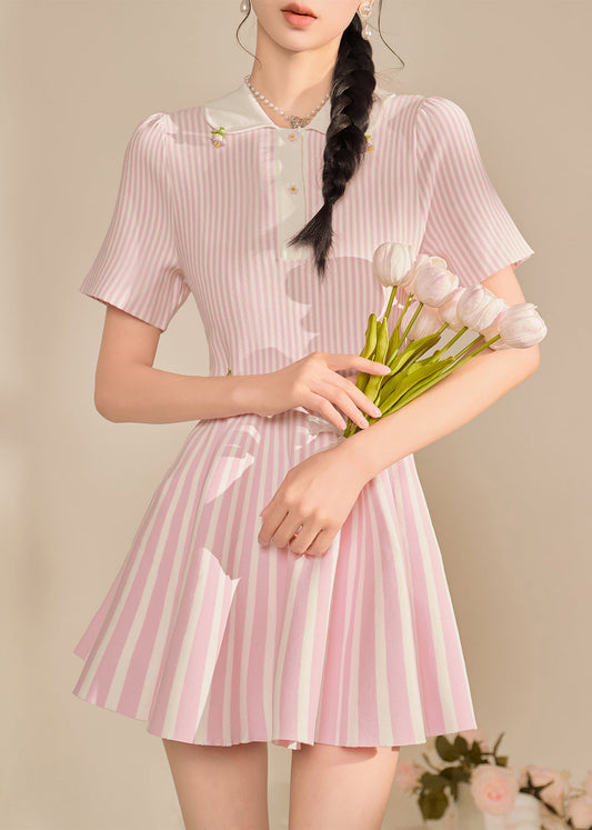 Pink Peter Pan Collar Striped Mid Dress Summer