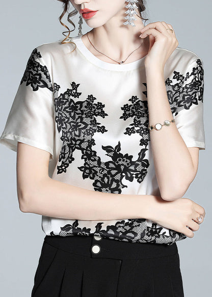 White O-neck Print T Shirt Short Sleeve