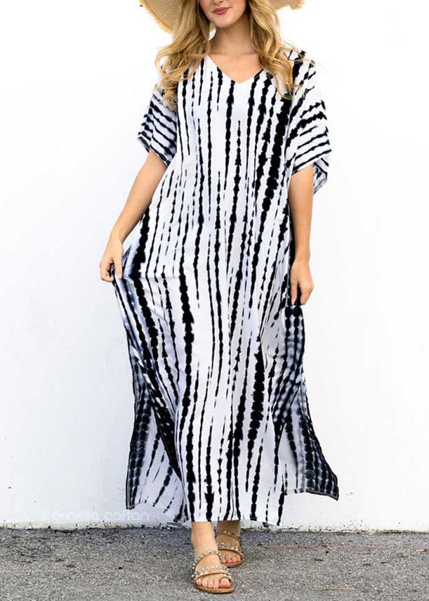 Black O-neck Striped Side Open Maxi Dresses Short Sleeve
