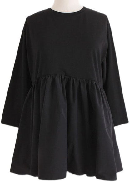 Modern Black O-neck Ruffled Patchwork Cotton T Shirt Top Spring