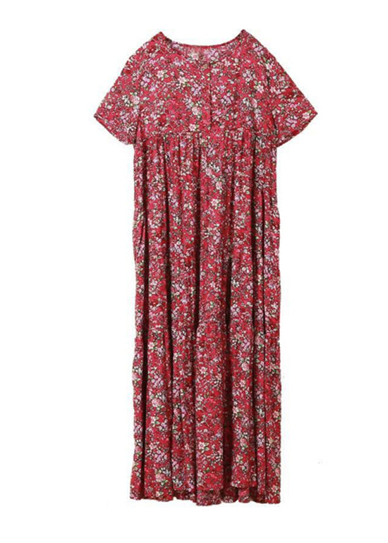 Red O-neck Button Print Patchwork Beach Dresses Short Sleeve