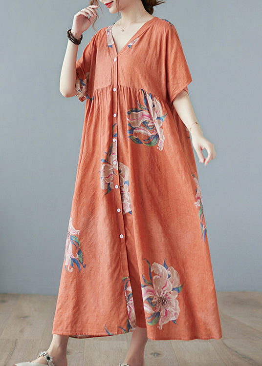 Orange V Neck Maxi Dress Short Sleeve