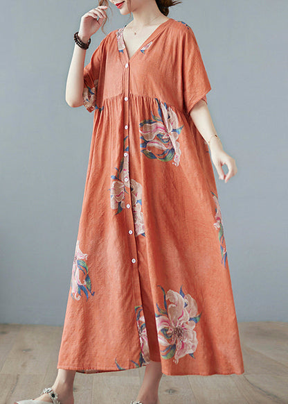 Orange V Neck Maxi Dress Short Sleeve