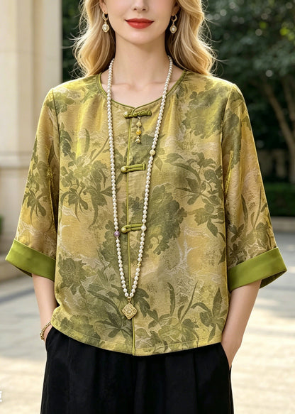 Chinese Style Green Tasseled Print Silk Shirt Top Summer