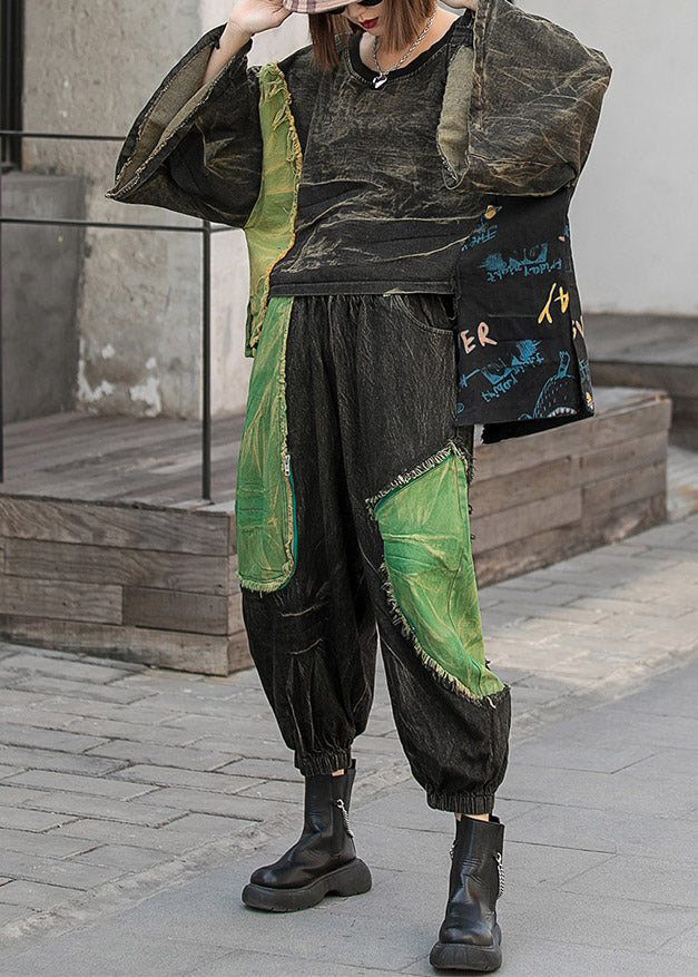 Modern Black O-neck Asymmetrical Design Patchwork Denim Tops and Harem Pants Two Piece Set Spring
