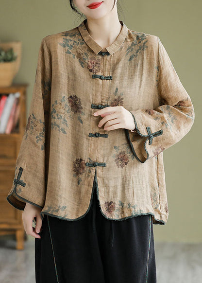 Coffee Peter Pan Collar Print Button Shirt Fall