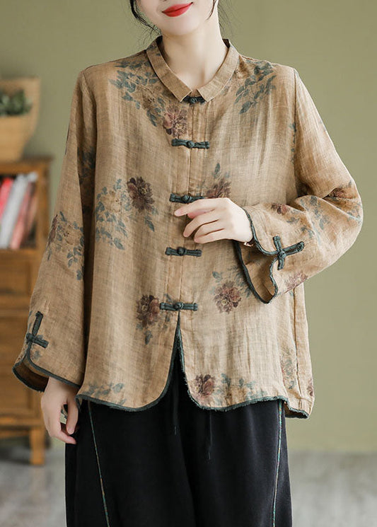 Coffee Peter Pan Collar Print Button Shirt Fall