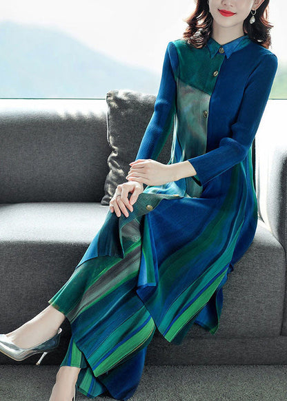 Slim Fit Blue Green Peter Pan Collar Wrinkled Gradient Color Shirt Dress and Straight Pants Two Pieces Set Fall