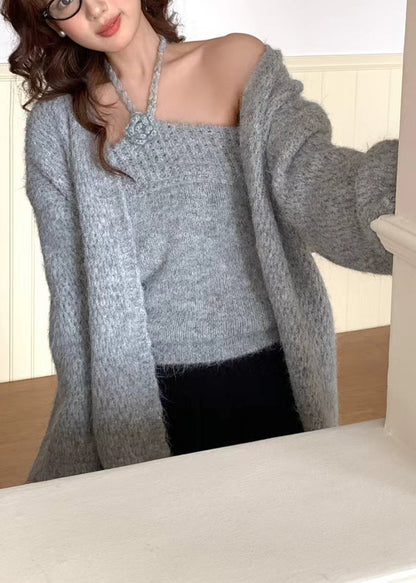 Grey Halter Knit Cardigan Two Pieces Set Winter
