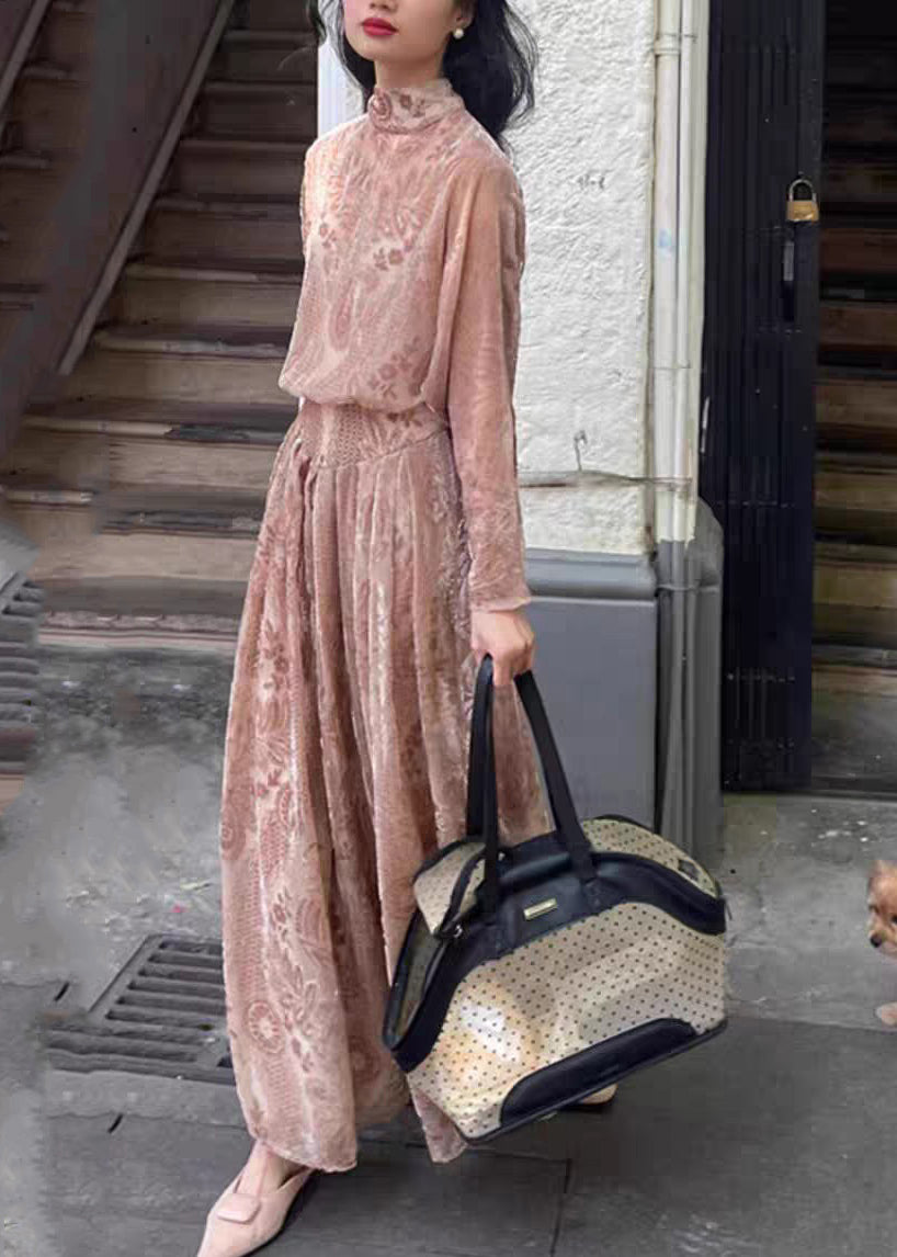 French Turtleneck Print Flattering Silk Velour Long Dresses Spring