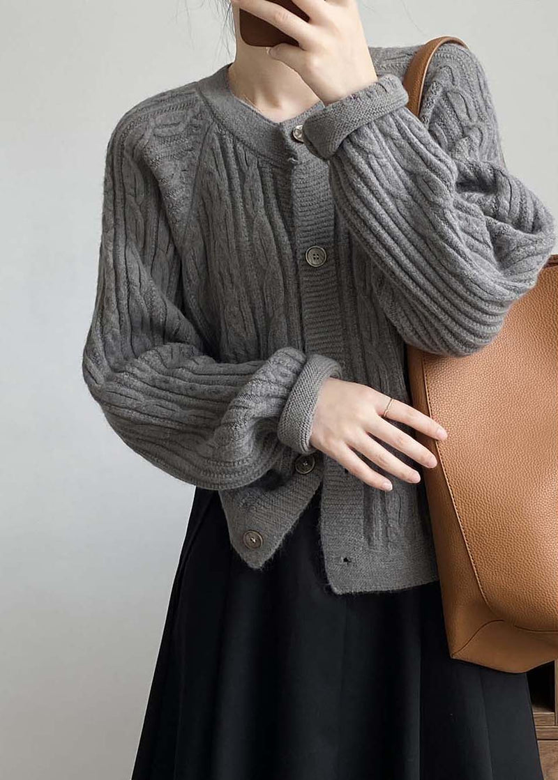 French Grey O-neck Button Cable Knit Coat Fall