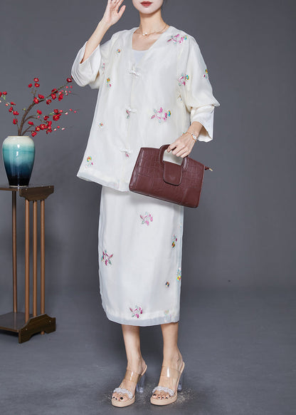 White Embroideried Chinese Button Silk Two-piece Set Fall