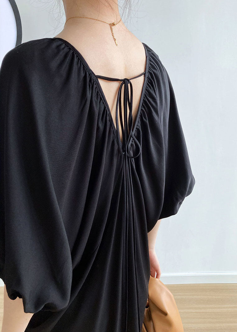 Black V Neck Cold Shoulder Wrinkled Cotton Holiday Dress Summer